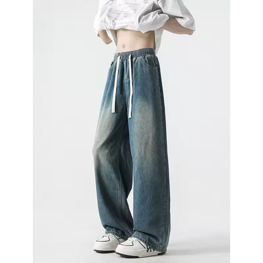 Men Loose Fit Straight Leg Summer Lightweight Washed Distressed Elastic Waist Casual Jeans Denim Pants Comfort Fashion Trendy