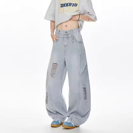 American Hip Hop Fashion Ripped Jeans For Men 2025 Summer Straight-Leg Baggy Denim Pants Splicing Washed Y2K Vintage Jean