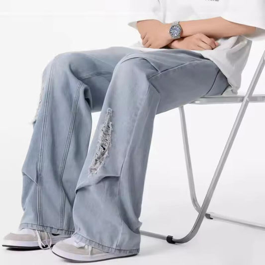 American Hip Hop Fashion Ripped Jeans For Men 2025 Summer Straight-Leg Baggy Denim Pants Splicing Washed Y2K Vintage Jean